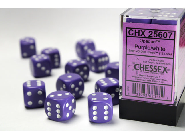 Chessex Purple/white - 12 Opaque 16mm D6 Dice Block