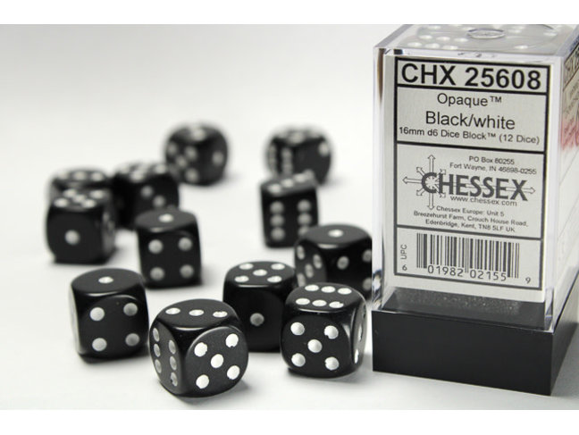 Chessex Black/white - 12 Opaque 16mm D6 Dice Block