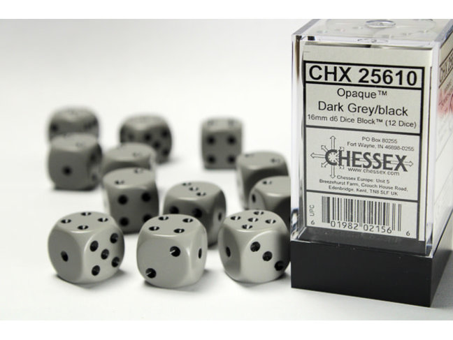 Chessex Dark Grey/black - 12 Opaque 16mm D6 Dice Block
