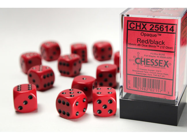 Chessex Red/black - 12 Opaque 16mm D6 Dice Block