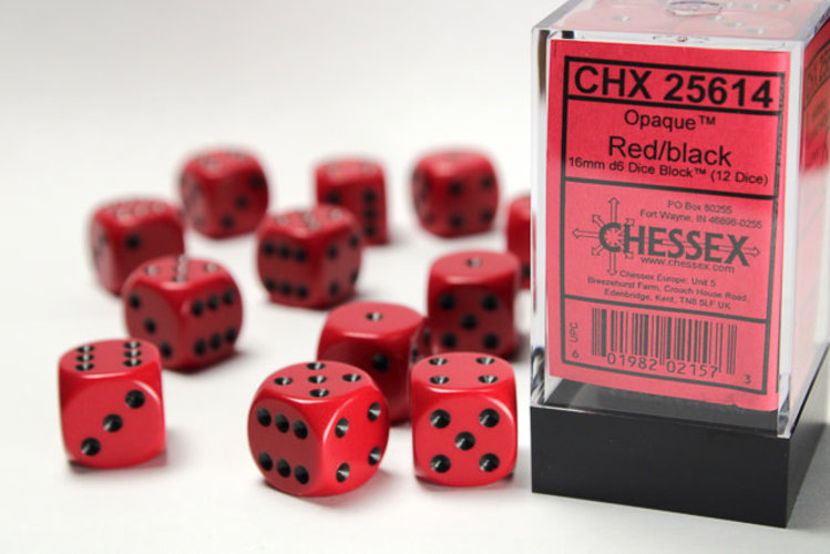 Chessex Chessex: Red/black - 12 Opaque 16mm D6 Dice Block