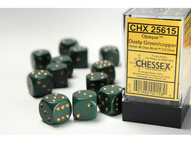Chessex Dusty Green/copper - 12 Opaque 16mm D6 Dice Block