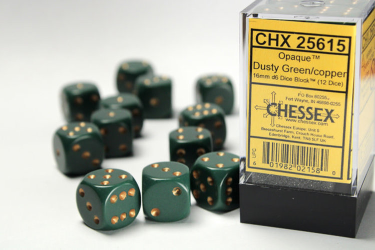Chessex Chessex: Dusty Green/copper - 12 Opaque 16mm D6 Dice Block
