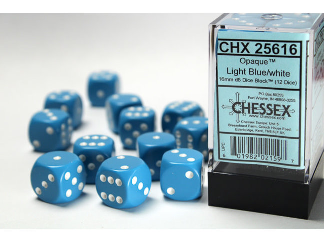 Chessex Light Blue/white - 12 Opaque 16mm D6 Dice Block