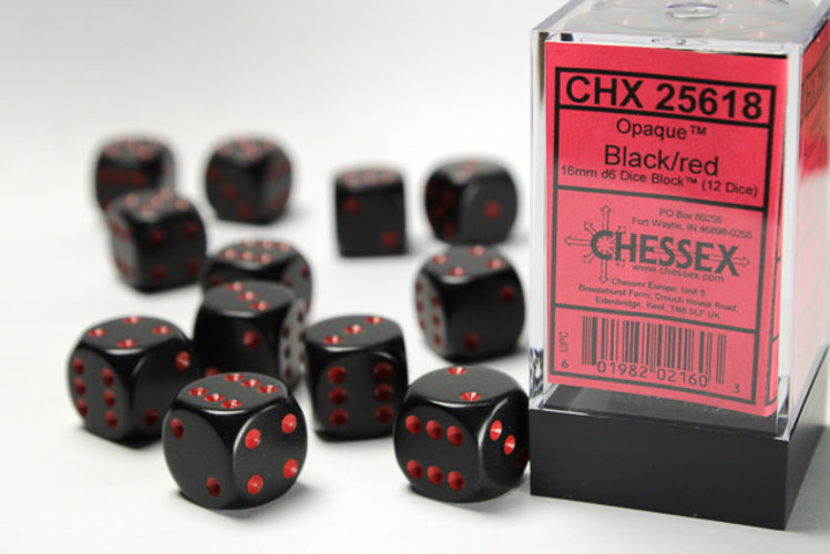 Chessex Chessex: Black/red - 12 Opaque 16mm D6 Dice Block