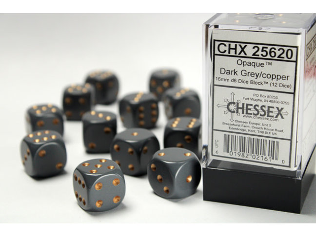 Chessex Dark Grey/copper - 12 Opaque 16mm D6 Dice Block