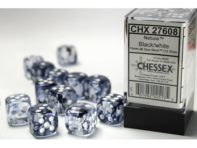 Chessex Black/white - 12 Nebula 16mm D6 Dice Block