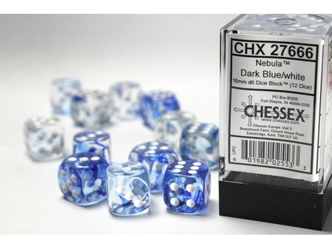 Chessex Dark Blue/white - 12 Nebula 16mm D6 Dice Block