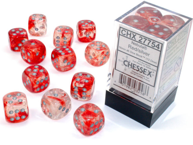 Chessex Red/silver - 12 Nebula Luminary 16mm D6 Dice Block