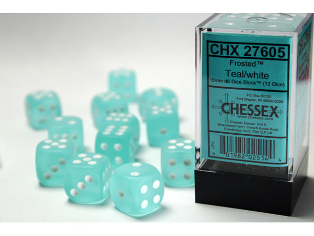 Chessex Teal/white - 12 Frosted 16mm D6 Dice Block