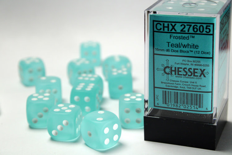 Chessex Chessex: Teal/white - 12 Frosted 16mm D6 Dice Block