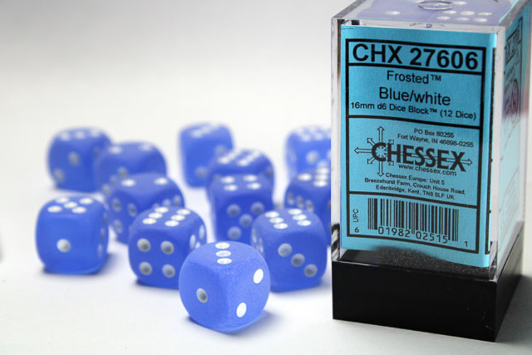Chessex Chessex: Blue/white - 12 Frosted 16mm D6 Dice Block