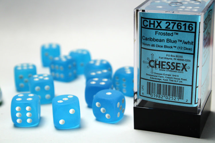 Chessex Chessex: Caribbean Blue/white - 12 Frosted 16mm D6 Dice Block
