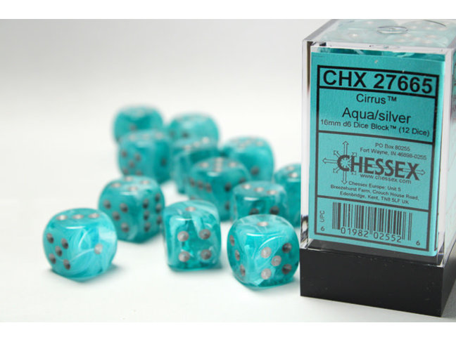 Chessex Aqua/silver - 12 Cirrus 16mm D6 Dice Block