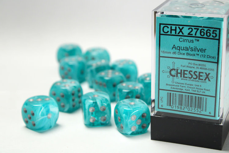 Chessex Chessex: Aqua/silver - 12 Cirrus 16mm D6 Dice Block