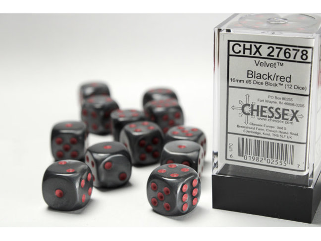 Chessex Black/red - 12 Velvet 16mm D6 Dice Block