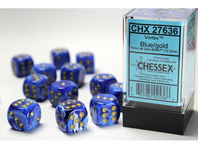 Chessex Blue/gold - 12 Vortex 16mm D6 Dice Block