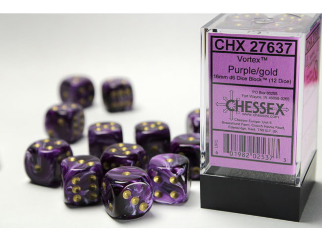 Chessex Purple/gold - 12 Vortex 16mm D6 Dice Block