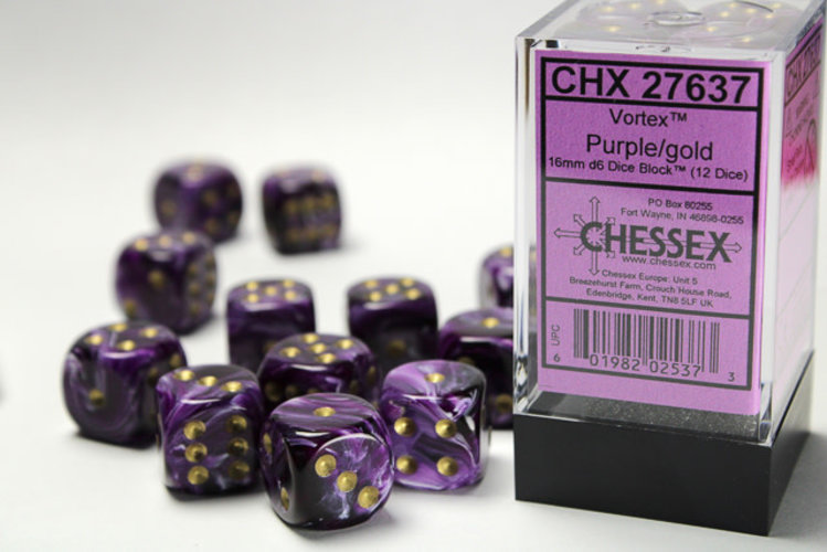 Chessex Chessex: Purple/gold - 12 Vortex 16mm D6 Dice Block