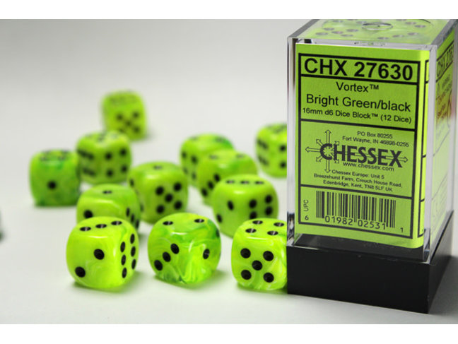 Chessex Bright Green/black - 12 Vortex 16mm D6 Dice Block