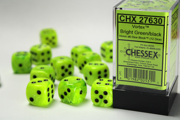 Chessex Chessex: Bright Green/black - 12 Vortex 16mm D6 Dice Block