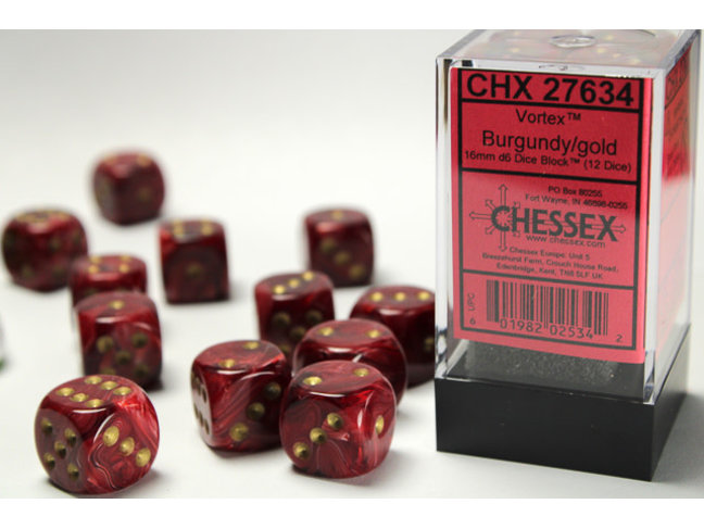 Chessex Burgundy/gold - 12 Vortex 16mm D6 Dice Block