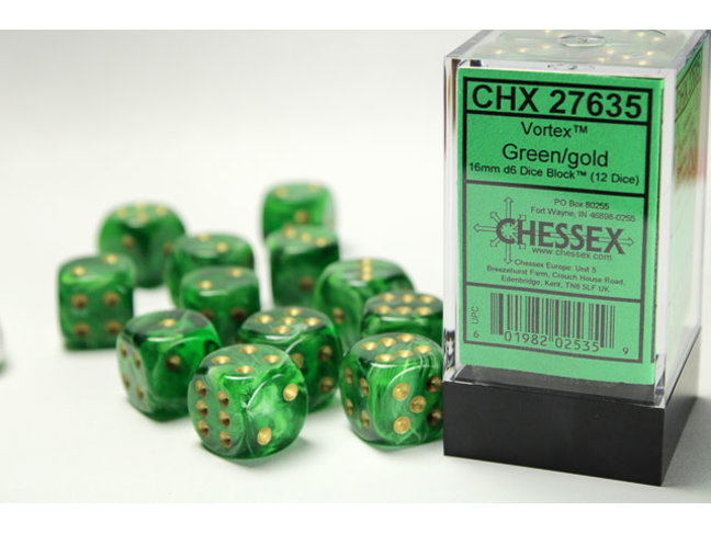 Chessex Green/gold - 12 Vortex 16mm D6 Dice Block