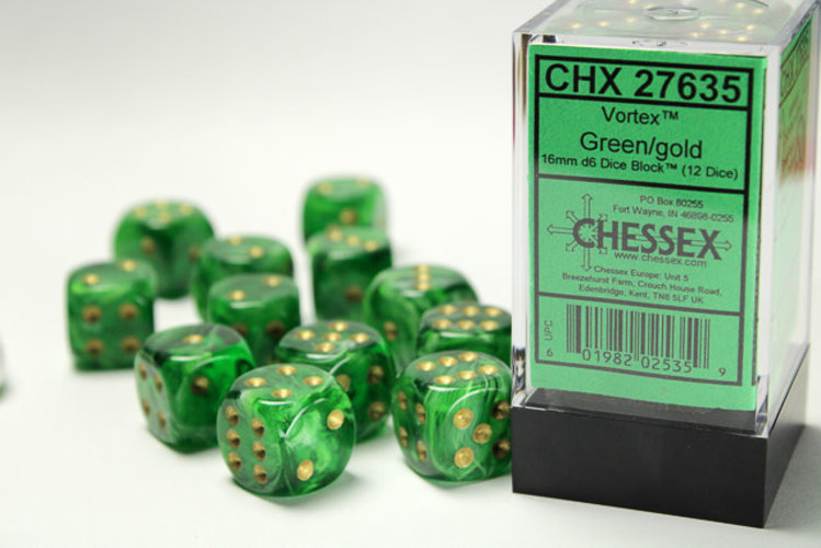Chessex Chessex: Green/gold - 12 Vortex 16mm D6 Dice Block