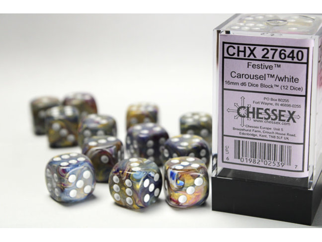 Chessex Carousel/white - 12 Festive 16mm D6 Dice Block
