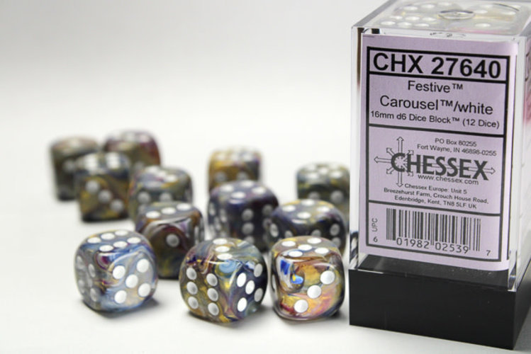 Chessex Chessex: Carousel/white - 12 Festive 16mm D6 Dice Block