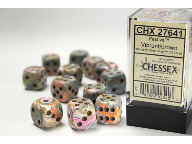 Chessex Vibrant/brown - 12 Festive 16mm D6 Dice Block