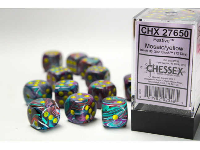 Chessex Mosaic/yellow - 12 Festive 16mm D6 Dice Block