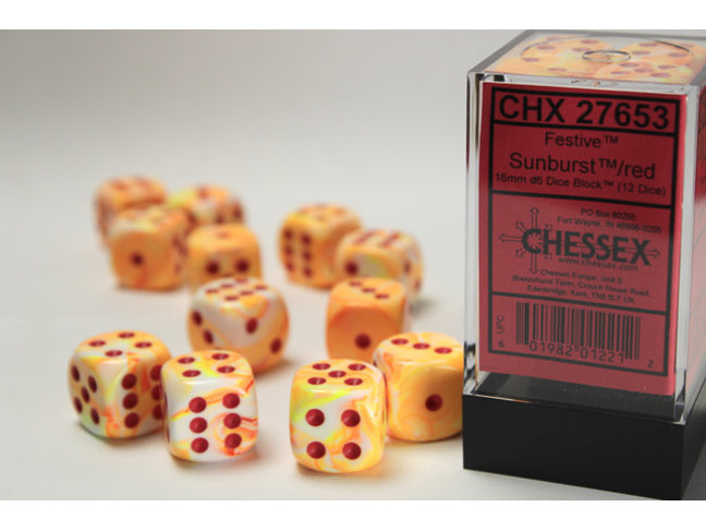 Chessex Sunburst/red - 12 Festive 16mm D6 Dice Block