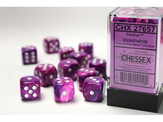 Chessex Violet/white - 12 Festive 16mm D6 Dice Block