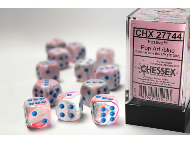Chessex Pop Art/blue - 12 Festive 16mm D6 Dice Block