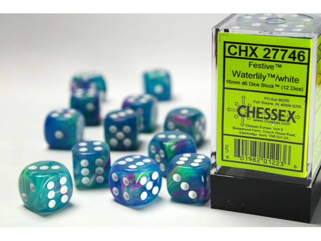 Chessex Waterlily/white - 12 Festive 16mm D6 Dice Block