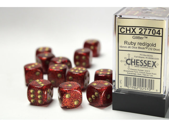 Chessex Ruby/gold - 12 Glitter 16mm D6 Dice Block