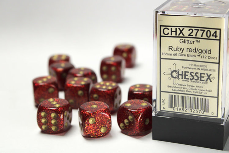 Chessex Chessex: Ruby/gold - 12 Glitter 16mm D6 Dice Block