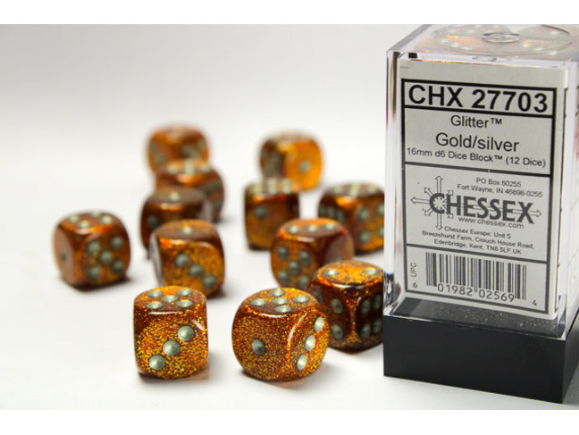 Chessex Gold/silver - 12 Glitter 16mm D6 Dice Block