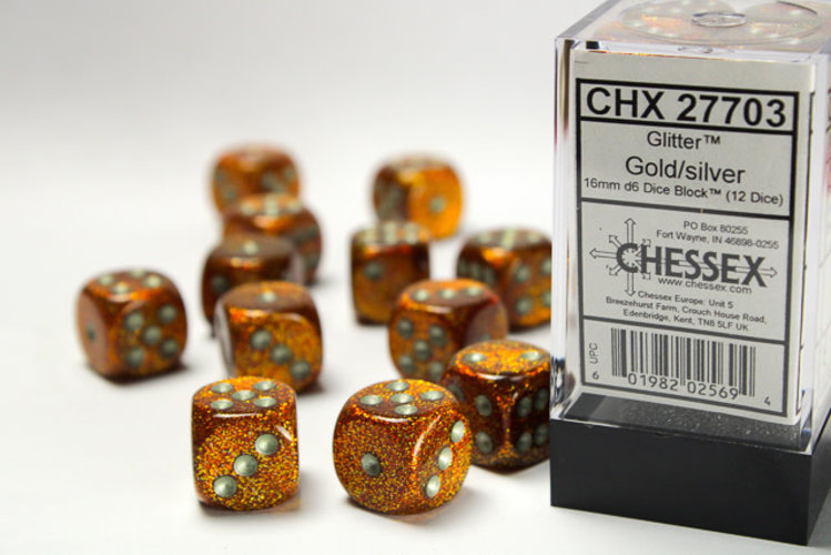 Chessex Chessex: Gold/silver - 12 Glitter 16mm D6 Dice Block