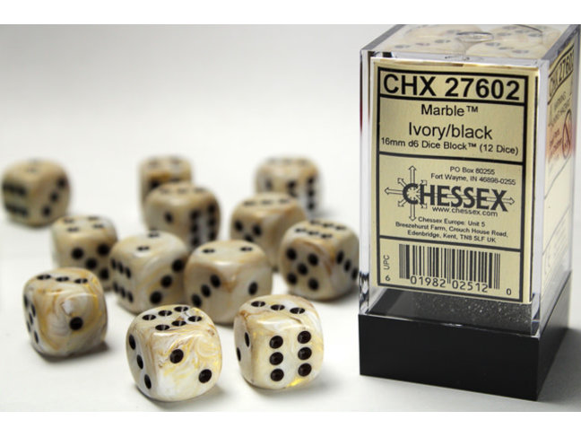 Chessex Ivory/black - 12 Marble 16mm D6 Dice Block