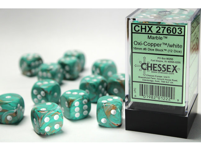 Chessex Oxi-Copper/white - 12 Marble 16mm D6 Dice Block