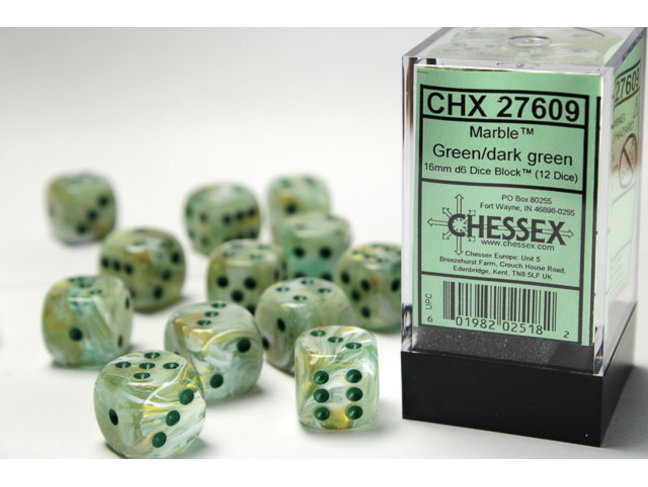 Chessex Green/dark green - 12 Marble 16mm D6 Dice Block
