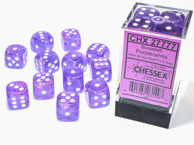 Chessex Purple/white - 12 Borealis 16mm D6 Dice Block