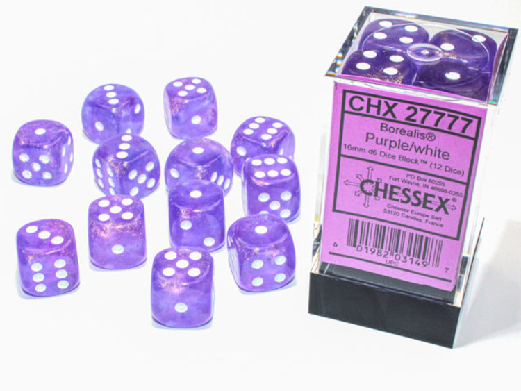 Chessex Chessex: Purple/white - 12 Borealis 16mm D6 Dice Block