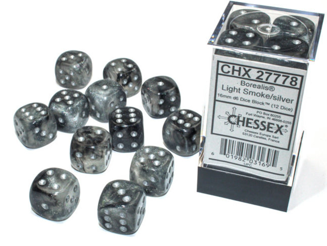 Chessex Light Smoke/silver - 12 Borealis 16mm D6 Dice Block