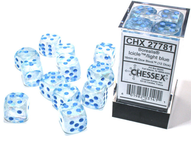 Chessex Icicle/light blue - 12 Borealis 16mm D6 Dice Block