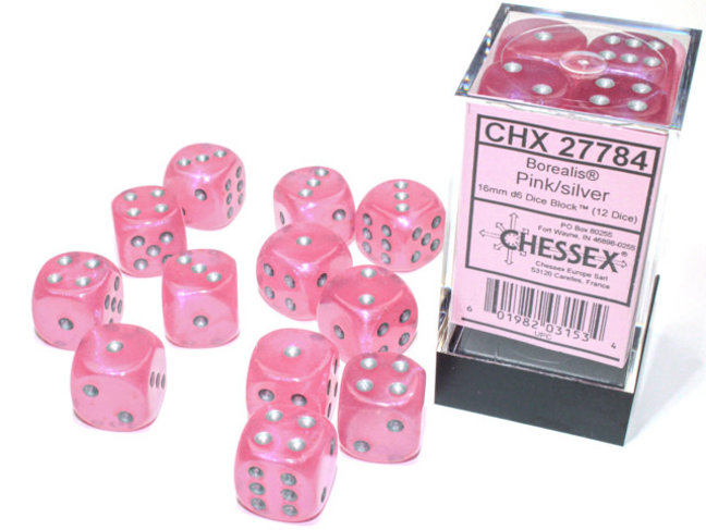 Chessex Pink/silver - 12 Borealis 16mm D6 Dice Block