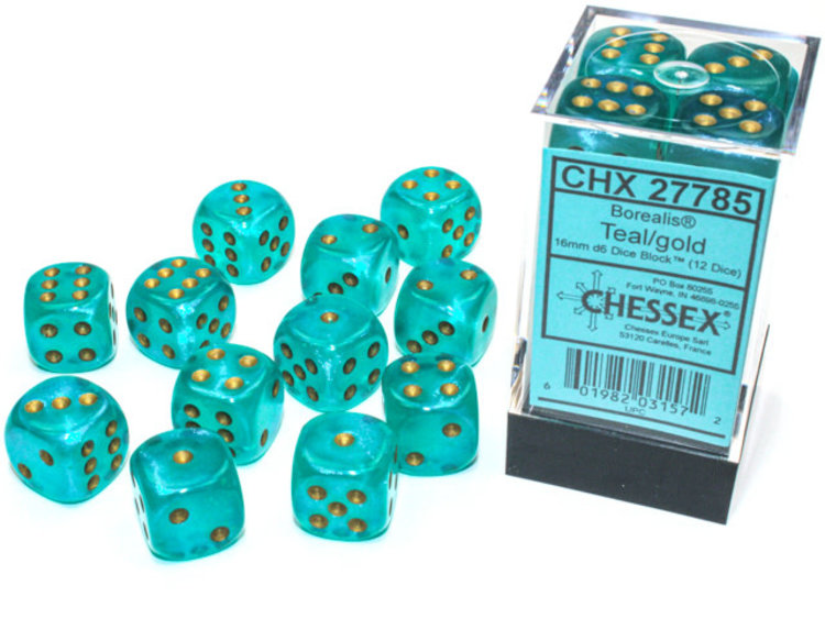 Chessex Chessex: Teal/gold - 12 Borealis 16mm D6 Dice Block