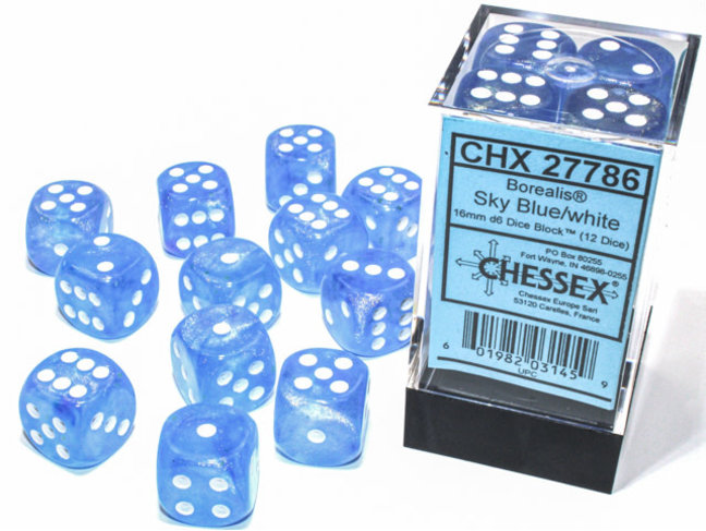 Chessex Sky Blue/white - 12 Borealis 16mm D6 Dice Block